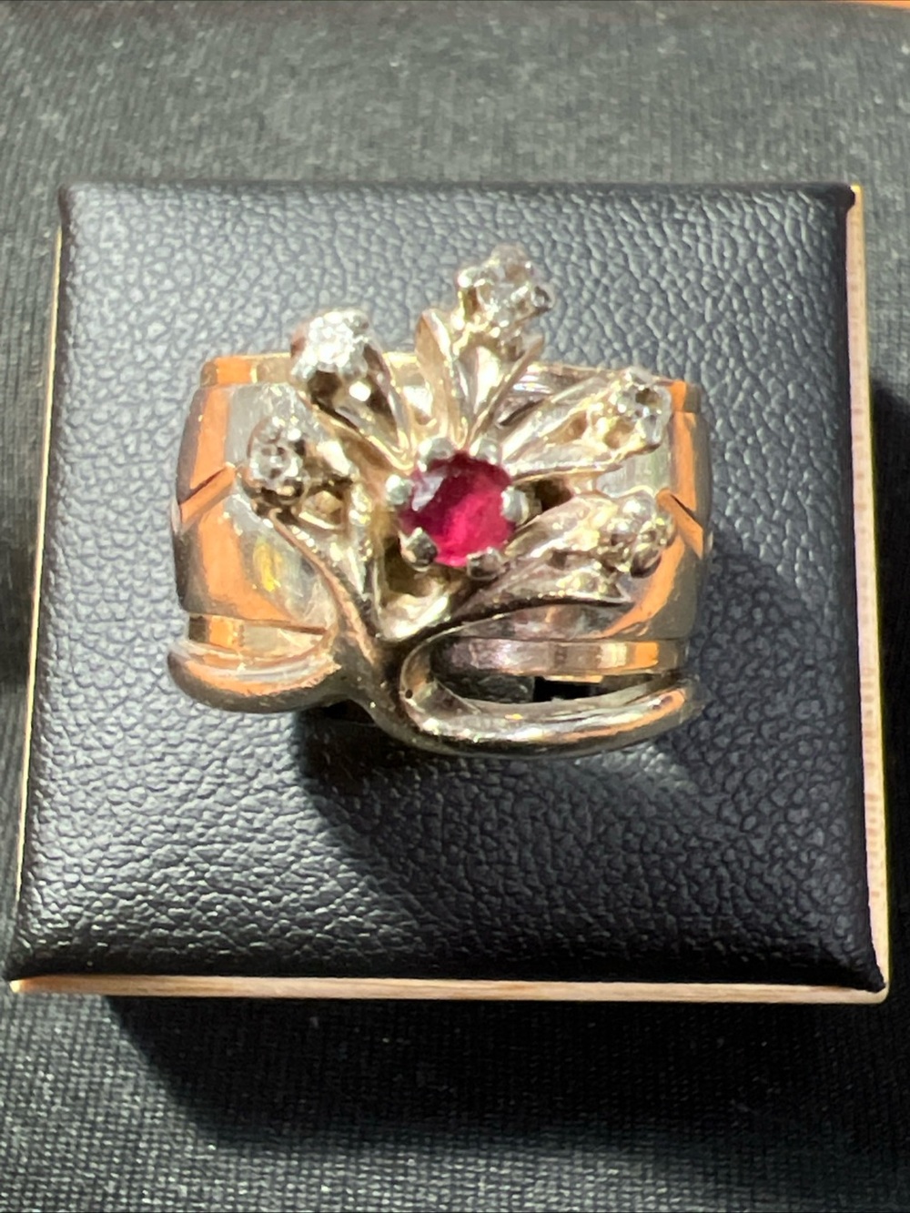 VTG 14k White & Yellow Gold Floral Ruby Diamond Large Cluster Ring 11.5g Sz 6.75